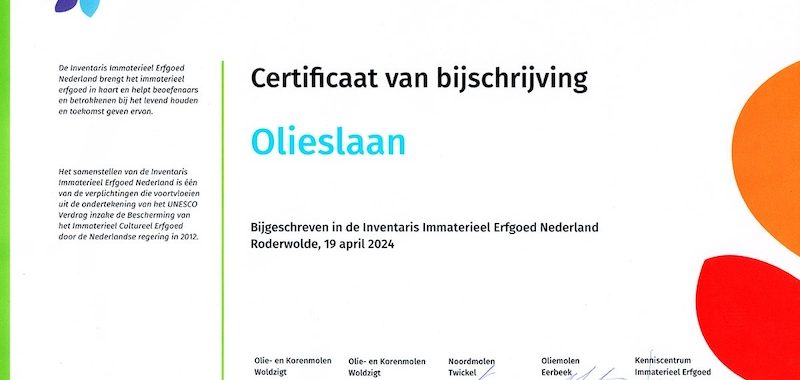 Oliemolens.nl - Olieslaan - Certificaat - Immaterieel Erfgoed Nerderland
